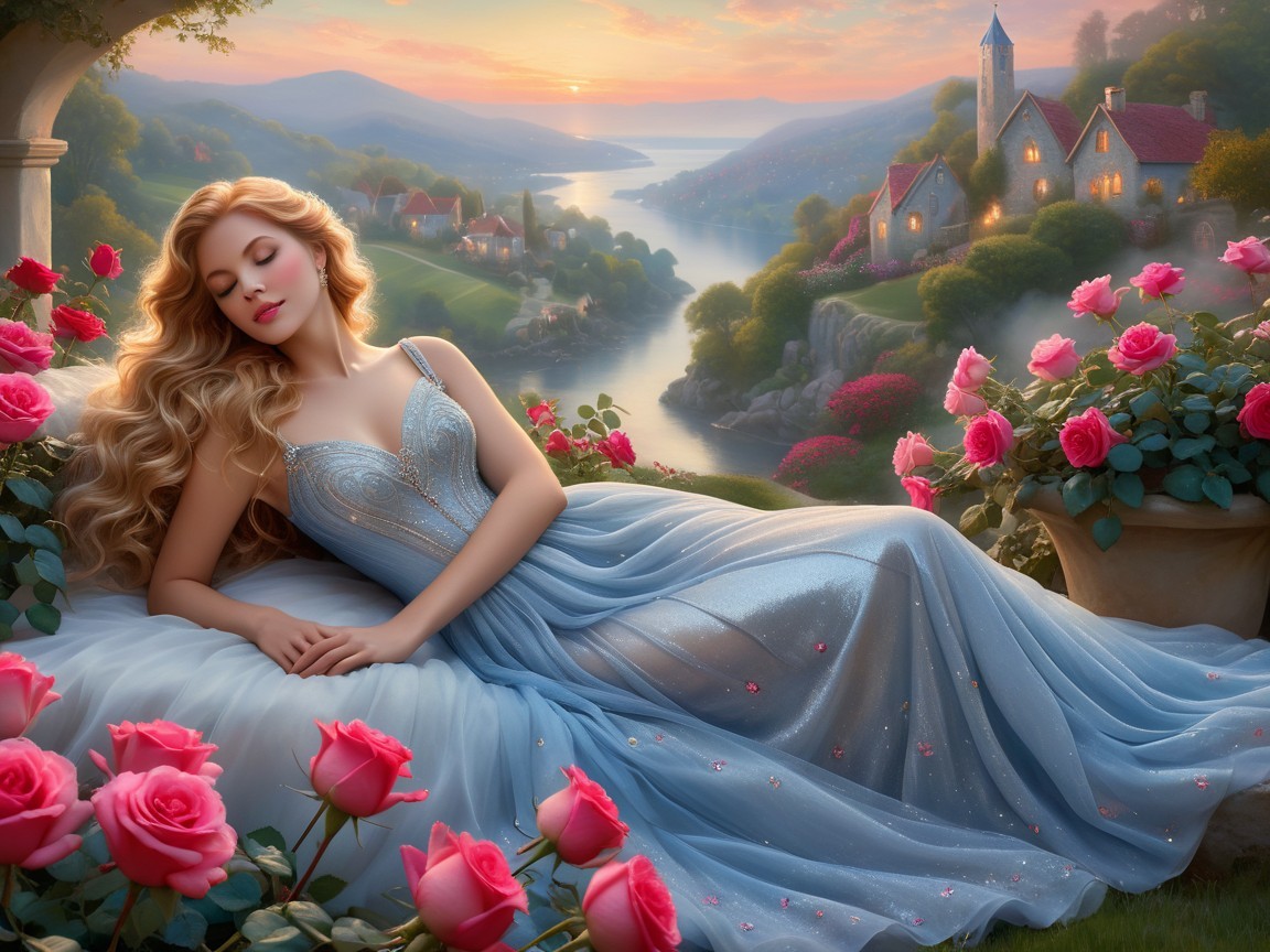 Sunset Scene with Woman in Blue Gown and Roses