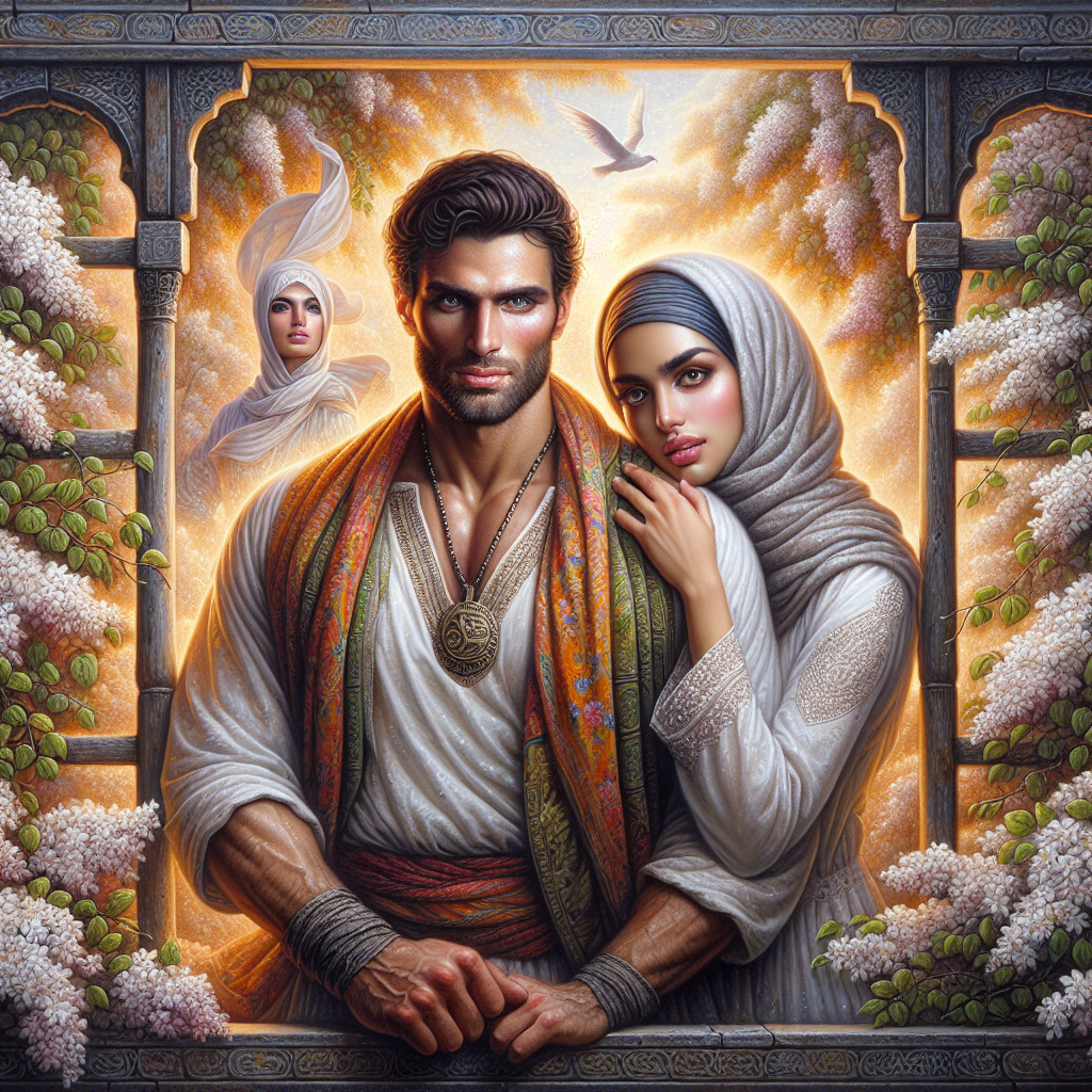 Strong man and woman in traditional attire with flowers