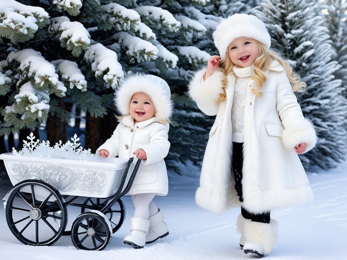 Cheerful Girls Playing in a Snowy Winter Scene