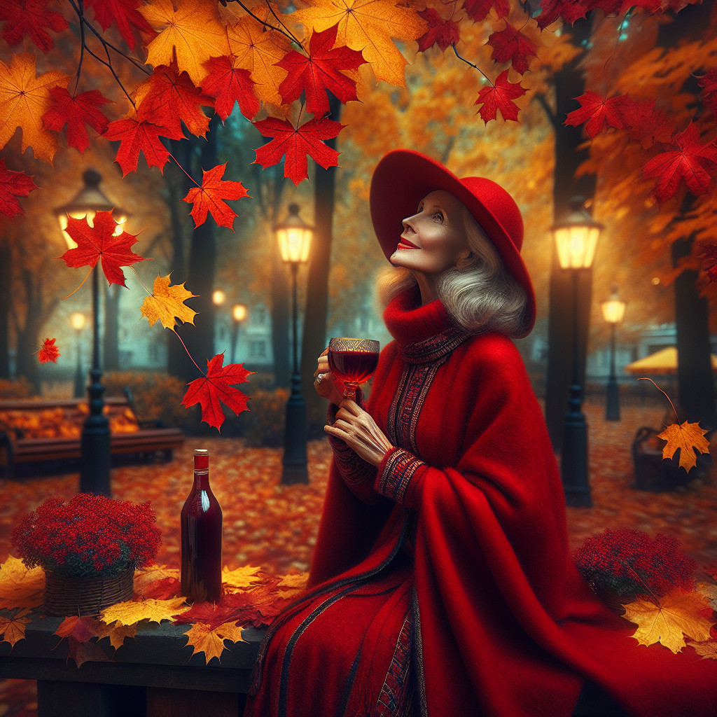Autumn Park Scene with Woman in Red Hat and Cloak