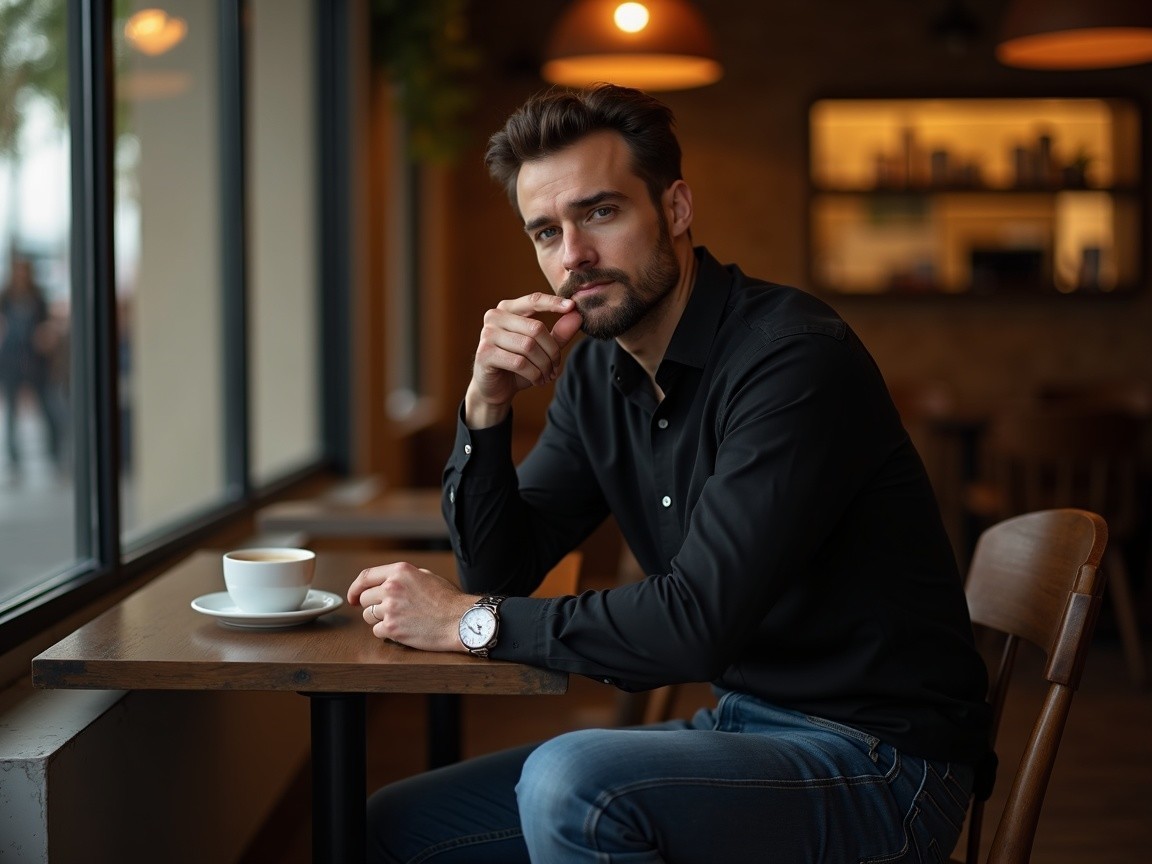 Young man in café with coffee and thoughtful pose