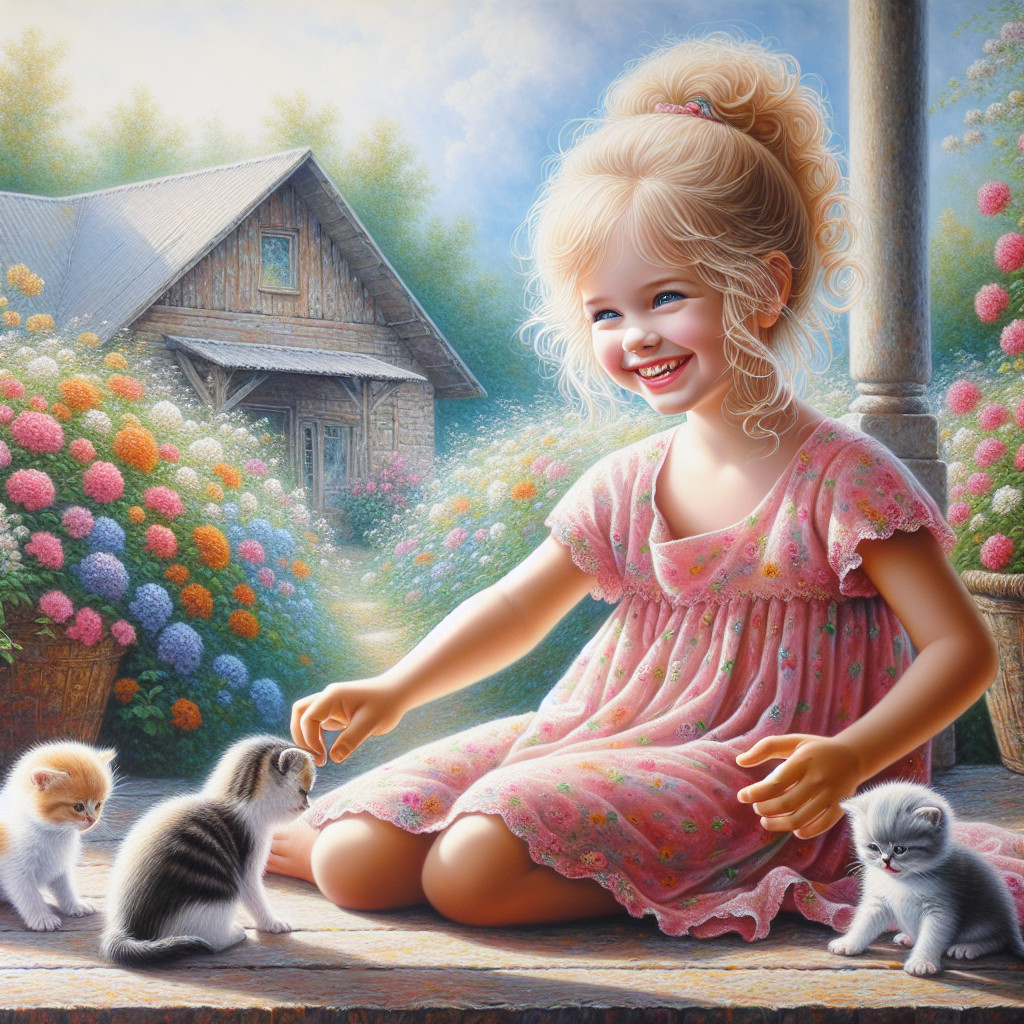 Cheerful girl with kittens in a flower-filled garden