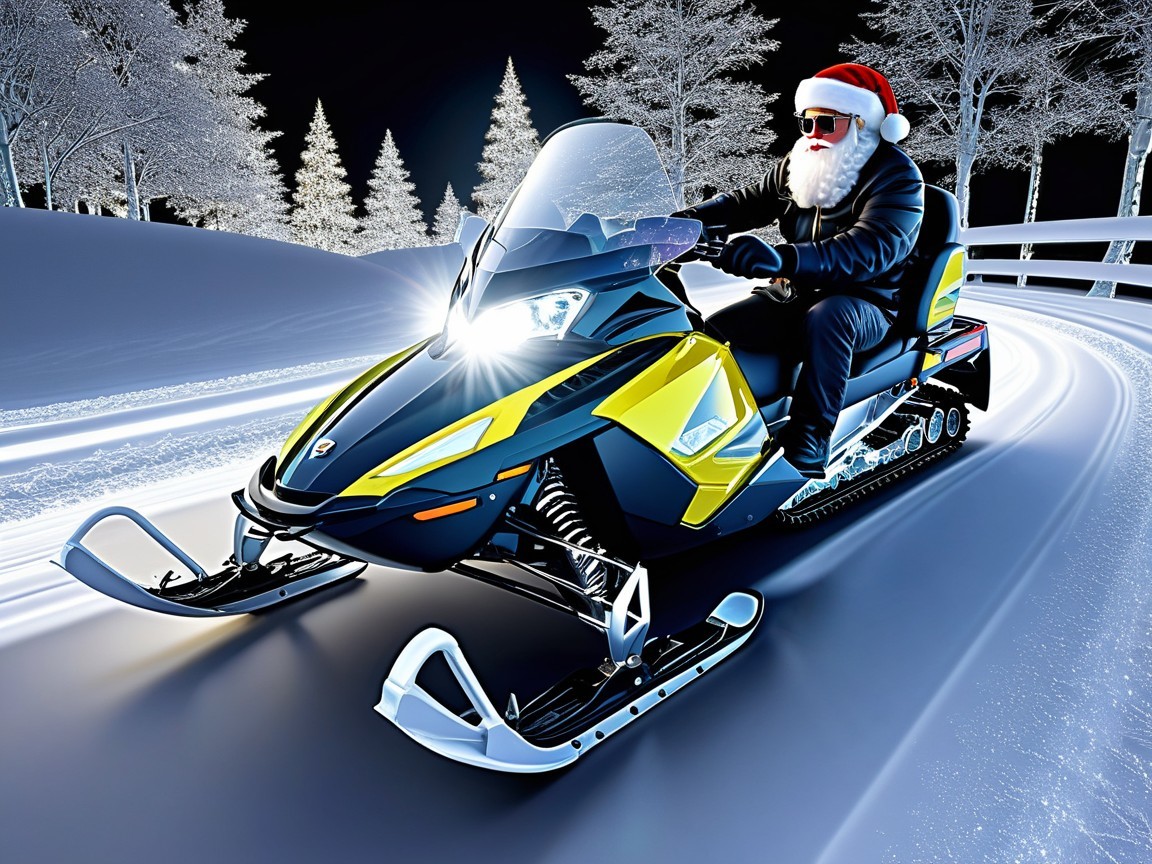 Santa Claus on a Snowmobile in a Winter Landscape