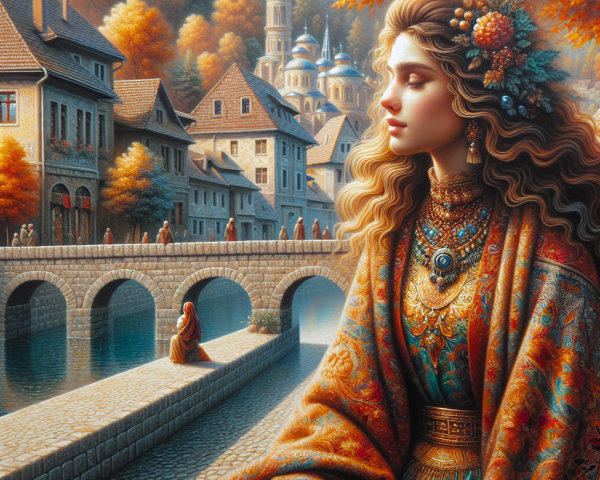 Autumn Scene with Young Woman by Serene River