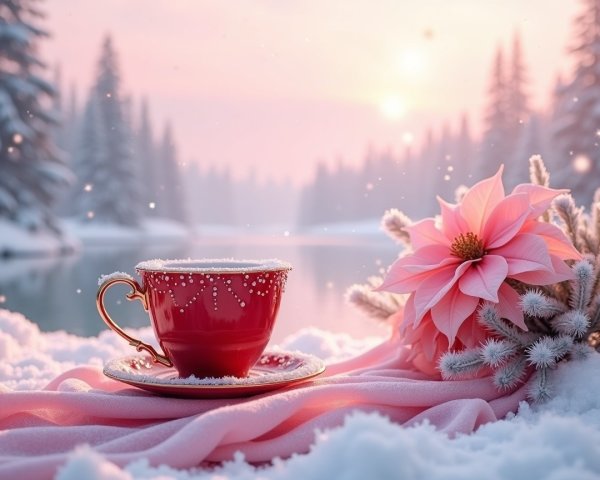 Red Cup on Snow with Pink Flower and Winter Landscape