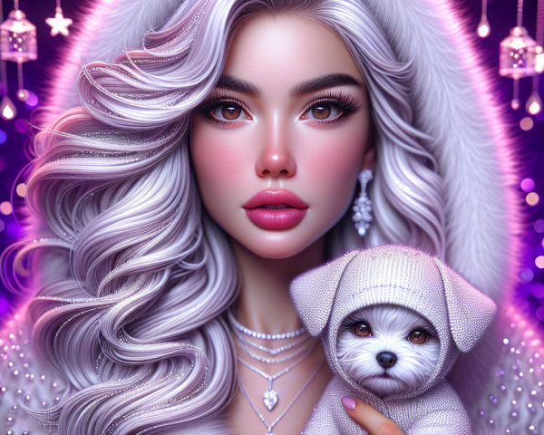 Glamorous Young Woman in Fur Coat with Sparkly Dog