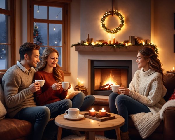 Cozy Living Room with Festive Decorations and Friends