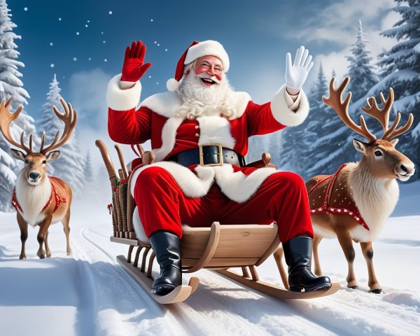 Santa Claus on Wooden Sleigh in Winter Landscape