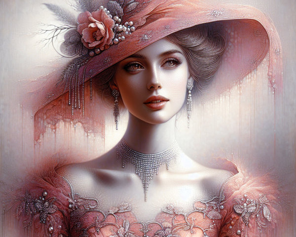 Elegant Woman in Pink Gown with Floral Motifs
