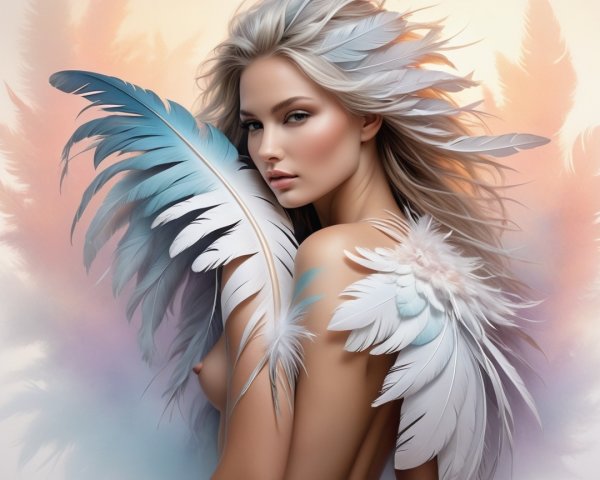 Ethereal figure with feathered wings in pastel colors