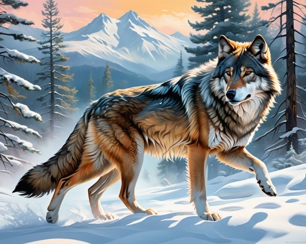 Wolf in Snowy Forest at Sunset with Mountains