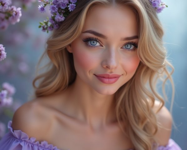 Young woman with blonde hair and purple flowers