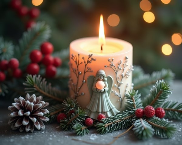 Candle with Angel Figurine Surrounded by Holiday Decor