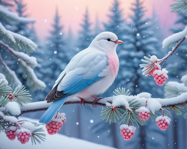 Bird on Snowy Branch with Red Berries at Dawn