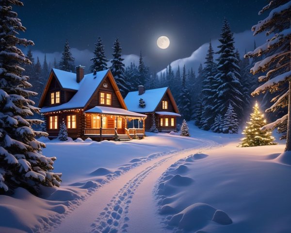Snowy Night Landscape with Cozy Cabin and Moonlight