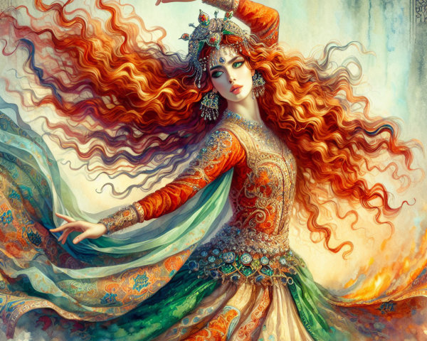 Elegant figure in patterned dress with flowing red hair