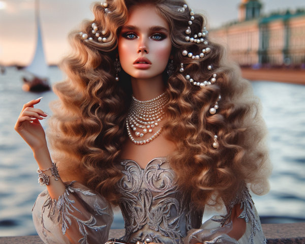 Elegant Woman in Silver Gown by Water with Pearls