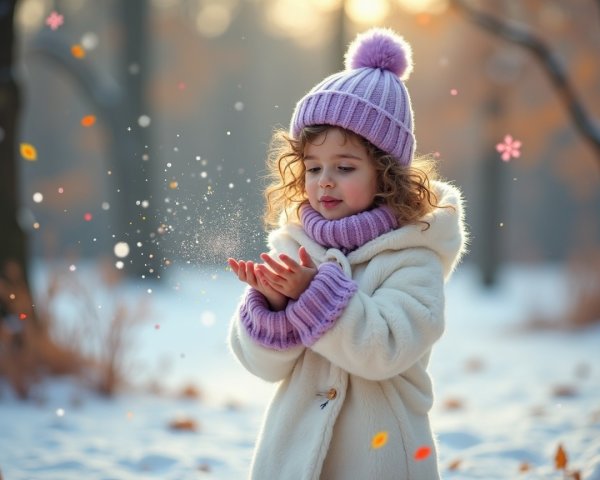 Young girl in winter coat captures snowflakes outdoors