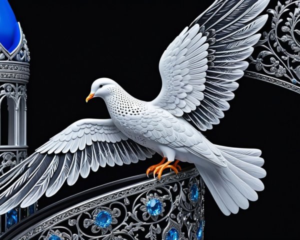 White Dove on Silver Structure with Blue Gemstones