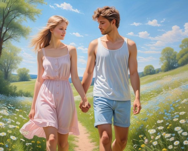 Young couple in a meadow with blooming flowers