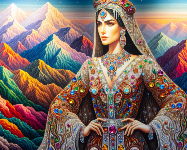 Regal Woman in Jewel-Encrusted Gown Against Mountains