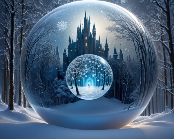 Snow Globe with Winter Castle and Snowy Landscape