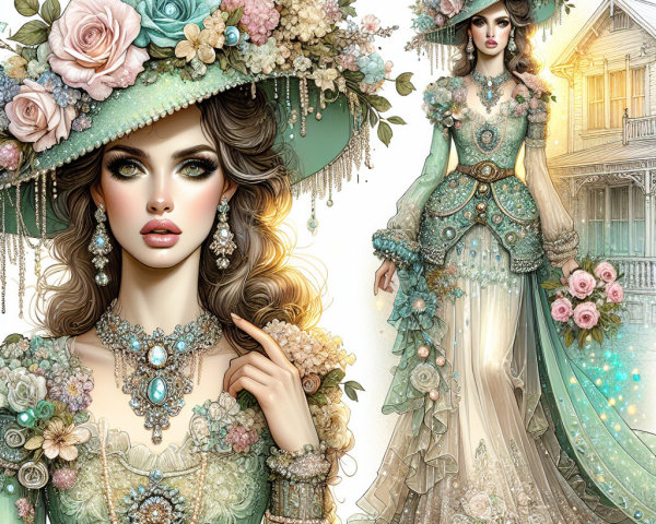 Elegant figure in floral gown by vintage house