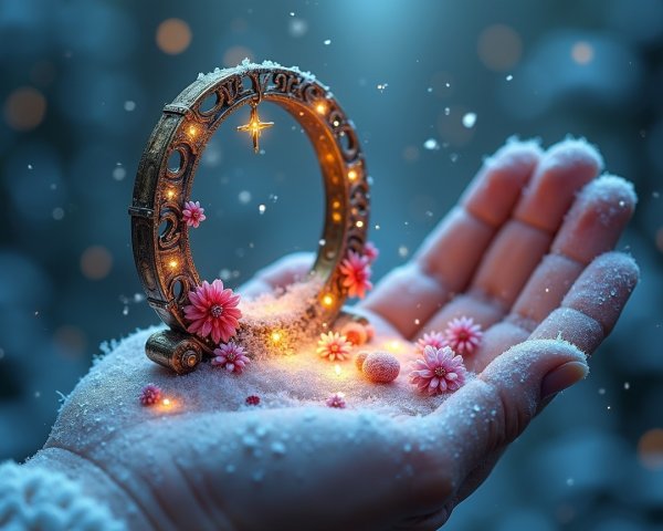 Ornate ring surrounded by flowers and snowflakes