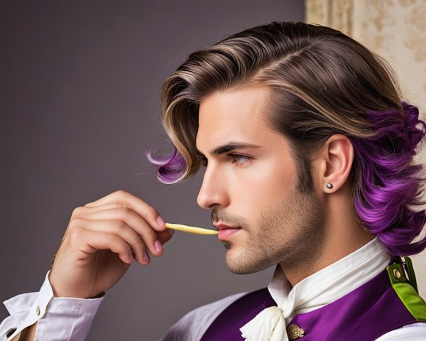 Young man with purple hair in stylish outfit and vintage backdrop
