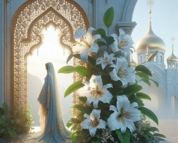 Ethereal Figure at Ornate Arched Entrance with Lilies