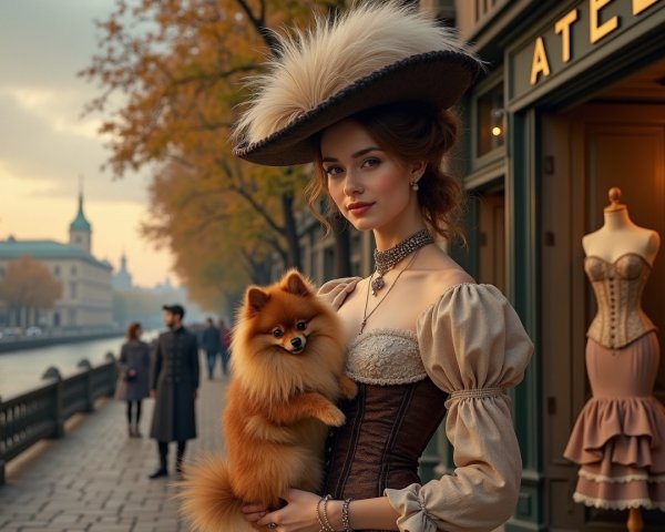 Vintage Fashion by Canal with Autumn Trees and Dog