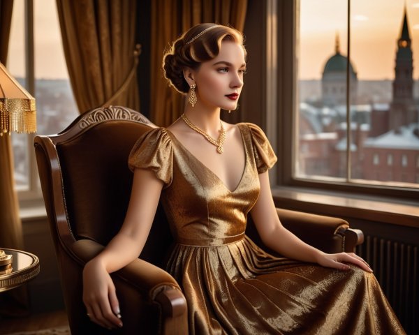 Glamorous Woman in Gold Dress in Elegant Room
