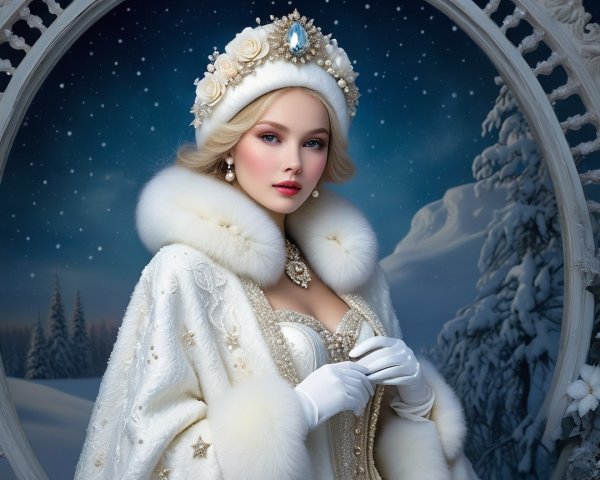 Regal Figure in Snowy Landscape with Elegant Attire