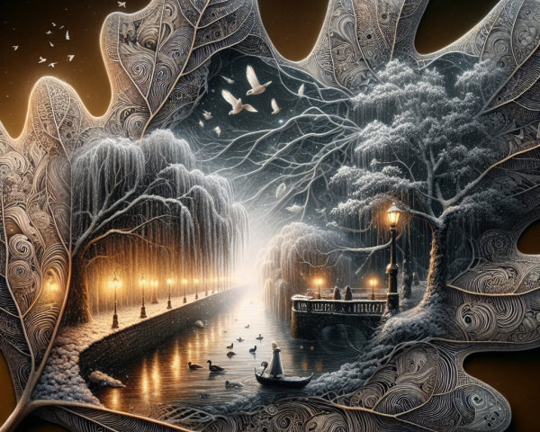 Intricately Carved Leaf Depicting a Winter Scene