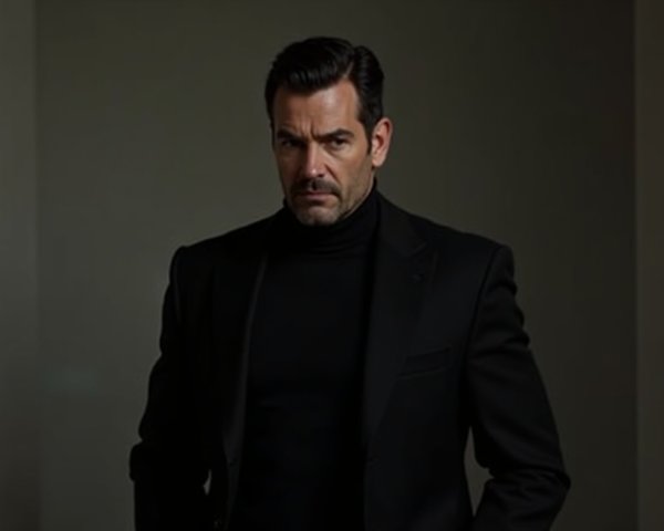 Confident Man in Black Suit Against Neutral Background