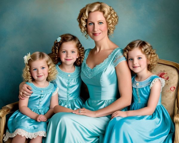 Mother and Daughters in Matching Light Blue Dresses