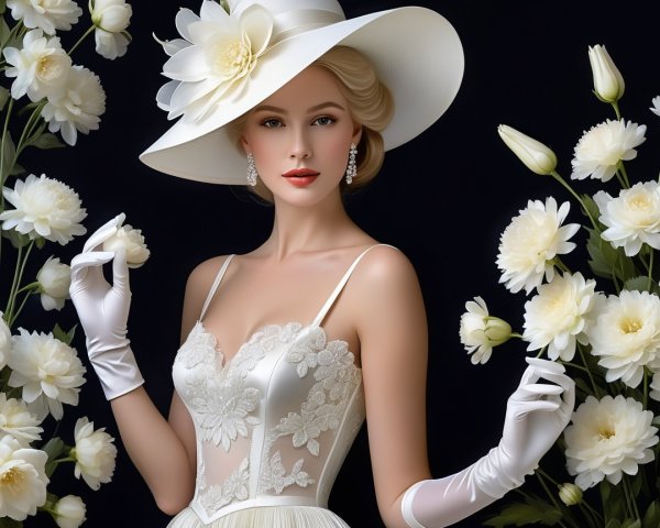 Elegant Woman in White Gown with Floral Hat and Peonies