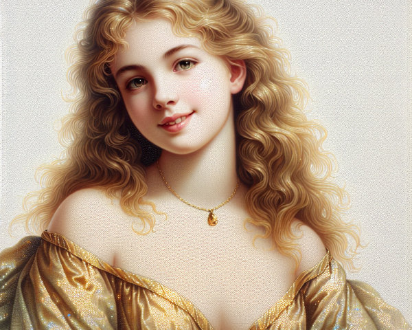 Young Woman in Elegant Off-Shoulder Golden Dress