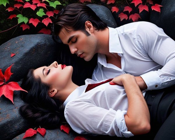 Couple Embraced on Black Stones Surrounded by Red Leaves