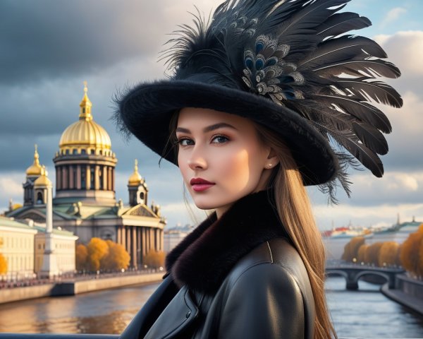 Young woman in black hat against cityscape backdrop