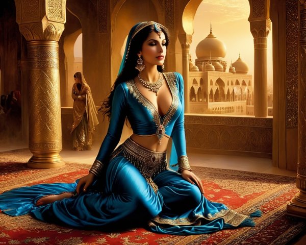 Elegant Woman in Blue Outfit with Palace Background