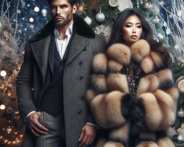 Glamorous Couple by a Decorated Christmas Tree