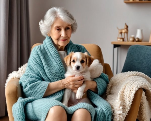 Elderly Woman in Cozy Chair with Puppy and Decor