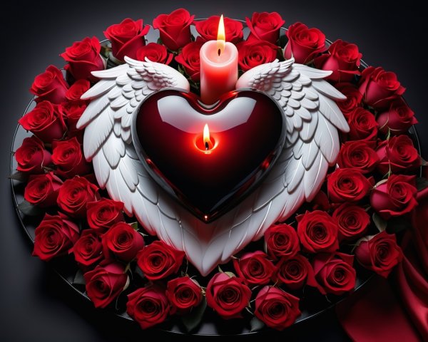 Glossy Black Heart with Wings and Red Roses Arrangement