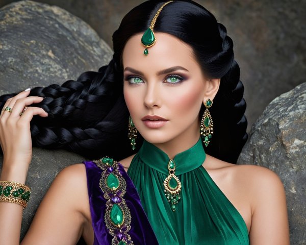 Elegant Woman in Green Dress with Braid and Jewelry