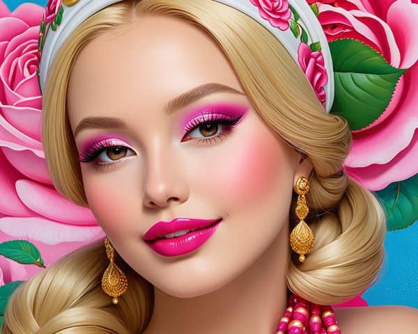 Elegant Young Woman with Floral Background and Makeup