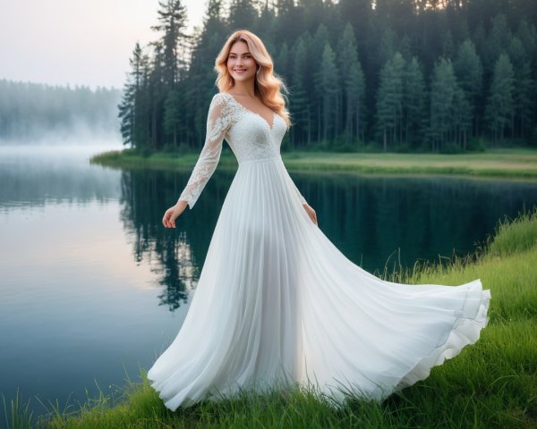 Radiant Woman by Serene Lake in Flowing White Dress