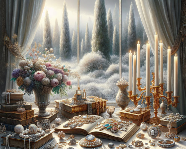 Opulent Jewelry Display with Floral Arrangement and Winter View