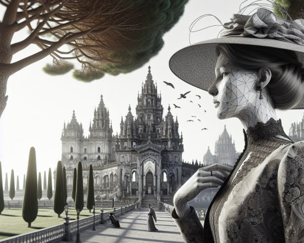 Stylish Woman in Ornate Dress by Grand Castle