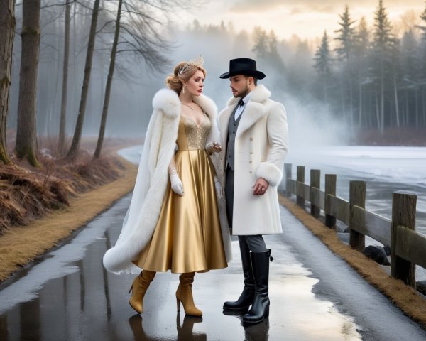 Glamorous Couple by Misty Lake in Elegant Attire
